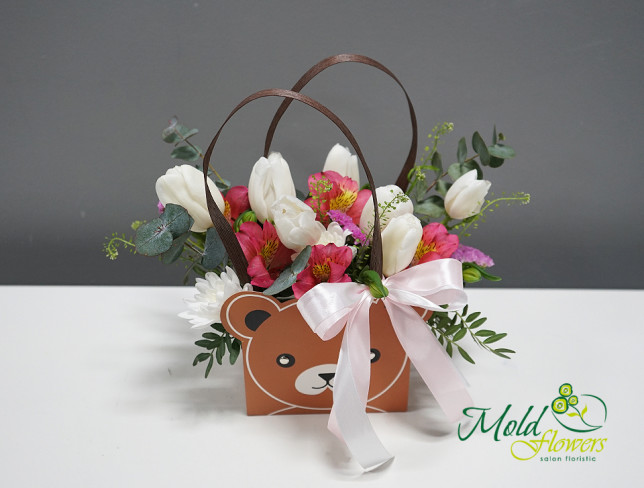 Teddy bear bag with white tulips photo